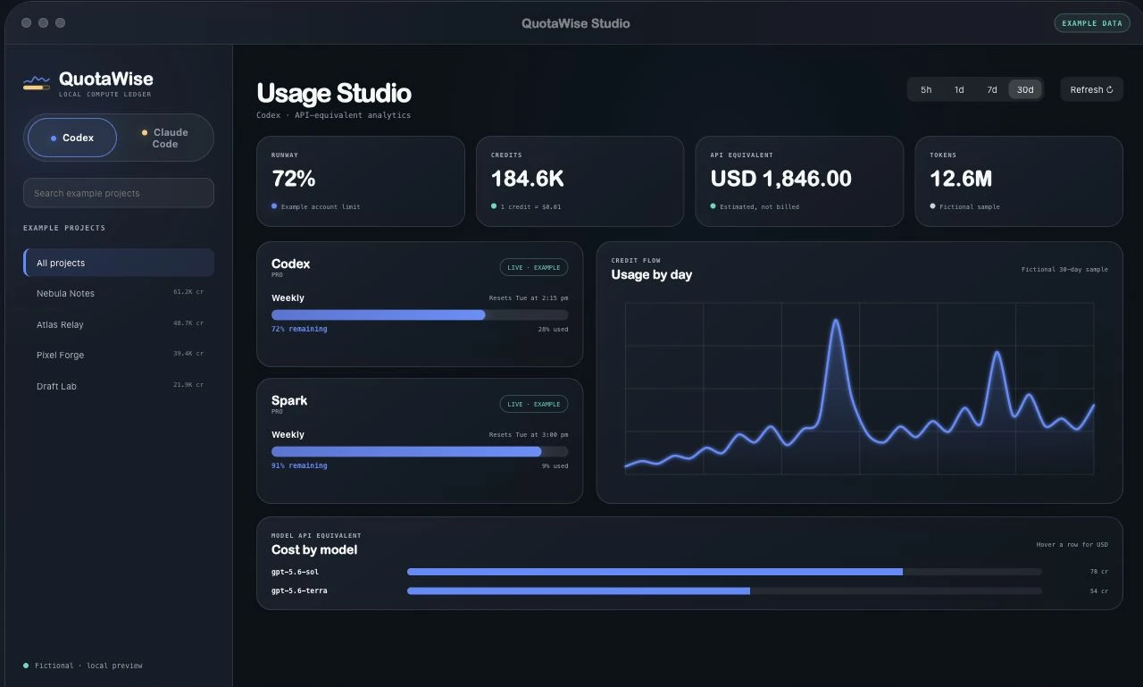 QuotaWise’s public Usage Studio example with allowance, usage and model cost charts