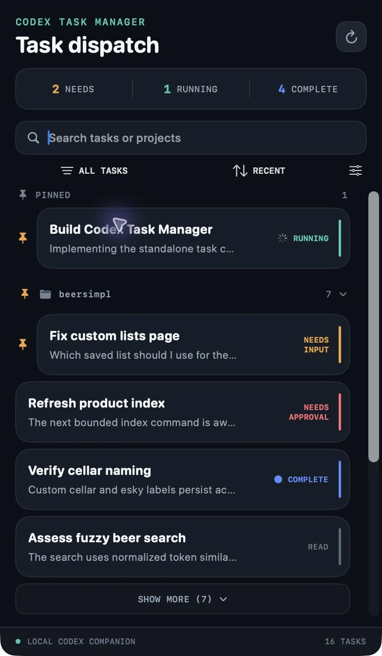 Real Codex Task Manager window with example running, needs input, needs approval and complete task cards